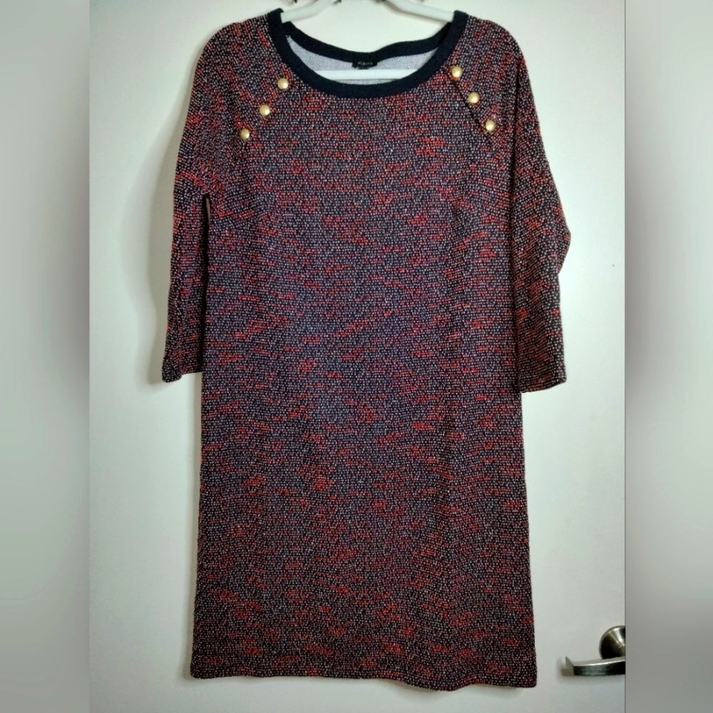 Talbots (Size M) Multicolor Tweed Stretch Knit Gold Accent Buttons Sweater Dress